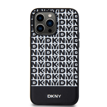 DKNY PU Leather Repeat Pattern Bottom Stripe MagSafe Zadní Kryt pro iPhone 15 Pro Max Black, DKHMP15XPSOSPK