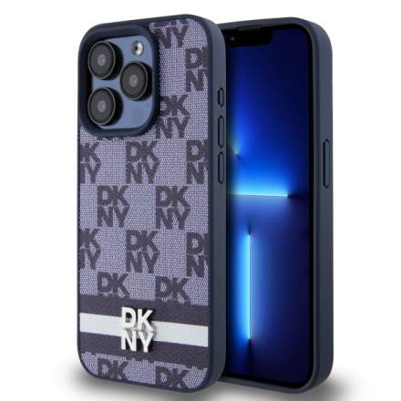 DKNY PU Leather Checkered Pattern and Stripe Zadní Kryt pro iPhone 15 Pro Blue, DKHCP15LPCPTSSB