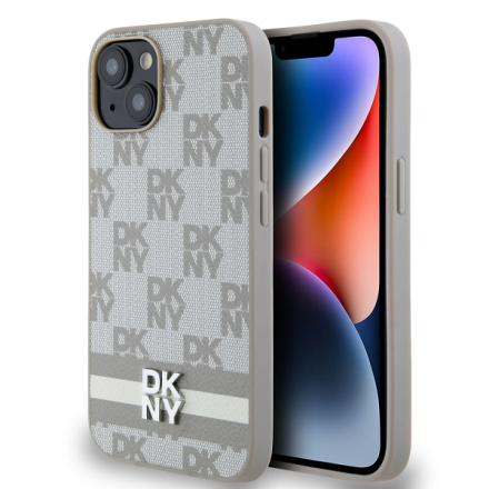 DKNY PU Leather Checkered Pattern and Stripe Zadní Kryt pro iPhone 15 Beige, DKHCP15SPCPTSSE