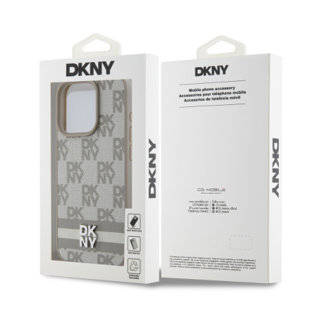 DKNY PU Leather Checkered Pattern and Stripe Zadní Kryt pro iPhone 15 Pro Beige, DKHCP15LPCPTSSE