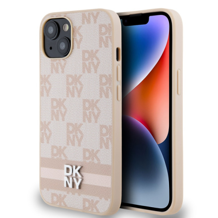 DKNY PU Leather Checkered Pattern and Stripe Zadní Kryt pro iPhone 15 Pink, DKHCP15SPCPTSSP