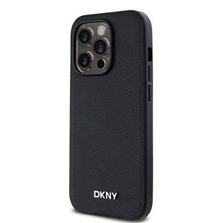 DKNY PU Leather Silver Metal Logo Magsafe Zadní Kryt pro iPhone 14 Pro Max Black, DKHMP14XPGHLMK