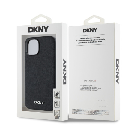 DKNY PU Leather Silver Metal Logo Magsafe Zadní Kryt pro iPhone 15 Black, DKHMP15SPGHLMK