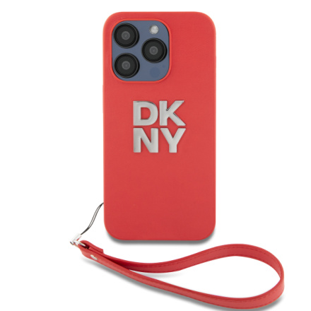 DKNY PU Leather Stack Logo Wrist Strap Zadní Kryt pro iPhone 14 Pro Red, DKHCP14LPBSWSP