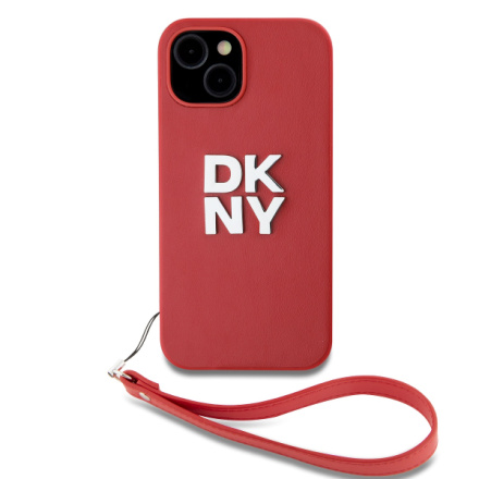 DKNY PU Leather Stack Logo Wrist Strap Zadní Kryt pro iPhone 15 Red, DKHCP15SPBSWSP