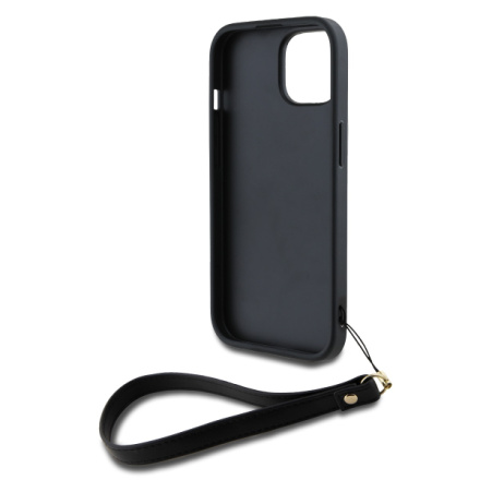 DKNY PU Leather Stack Logo Wrist Strap Zadní Kryt pro iPhone 13 Black, DKHCP13MPBSWSK