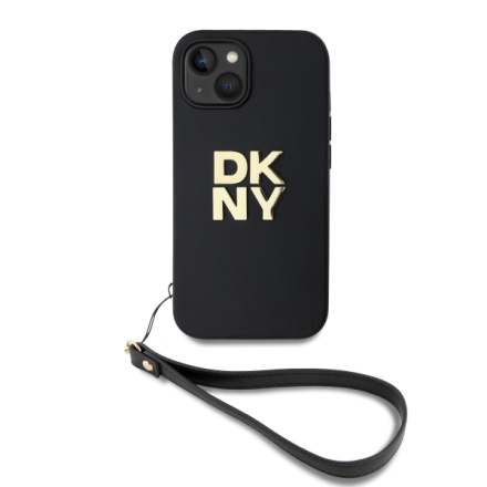 DKNY PU Leather Stack Logo Wrist Strap Zadní Kryt pro iPhone 14 Black, DKHCP14SPBSWSK