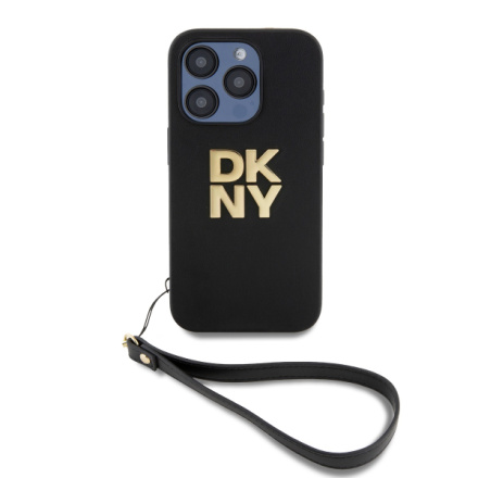 DKNY PU Leather Stack Logo Wrist Strap Zadní Kryt pro iPhone 14 Pro Max Black, DKHCP14XPBSWSK