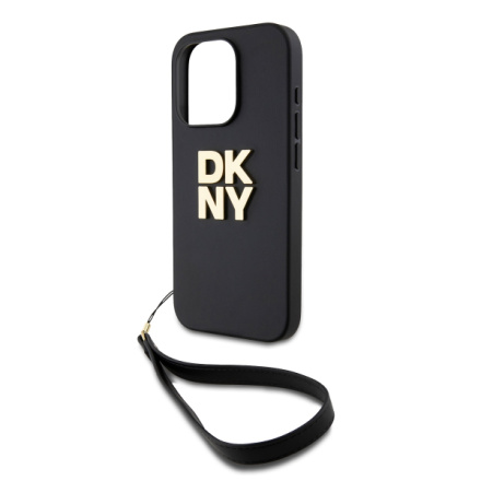 DKNY PU Leather Stack Logo Wrist Strap Zadní Kryt pro iPhone 14 Pro Max Black, DKHCP14XPBSWSK