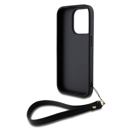 DKNY PU Leather Stack Logo Wrist Strap Zadní Kryt pro iPhone 14 Pro Max Black, DKHCP14XPBSWSK