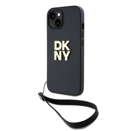 DKNY PU Leather Stack Logo Wrist Strap Zadní Kryt pro iPhone 15 Black, DKHCP15SPBSWSK