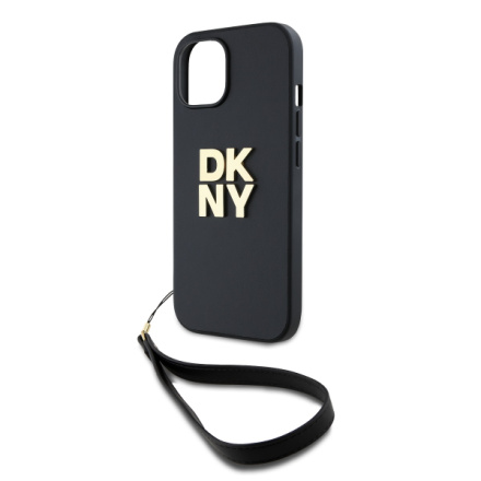 DKNY PU Leather Stack Logo Wrist Strap Zadní Kryt pro iPhone 15 Black, DKHCP15SPBSWSK