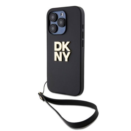 DKNY PU Leather Stack Logo Wrist Strap Zadní Kryt pro iPhone 15 Pro Black, DKHCP15LPBSWSK