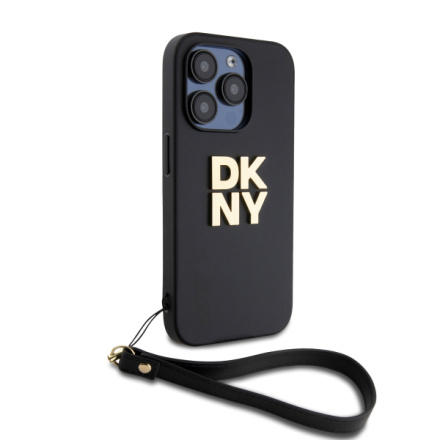 DKNY PU Leather Stack Logo Wrist Strap Zadní Kryt pro iPhone 15 Pro Black, DKHCP15LPBSWSK