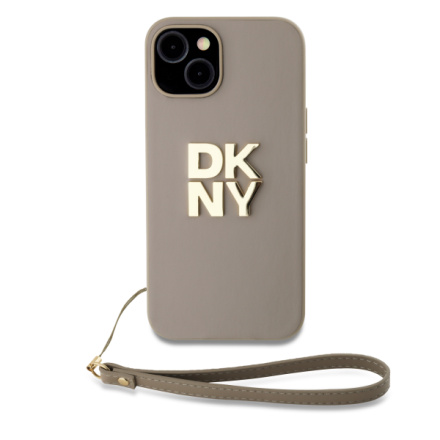 DKNY PU Leather Stack Logo Wrist Strap Zadní Kryt pro iPhone 13 Beige, DKHCP13MPBSWSE