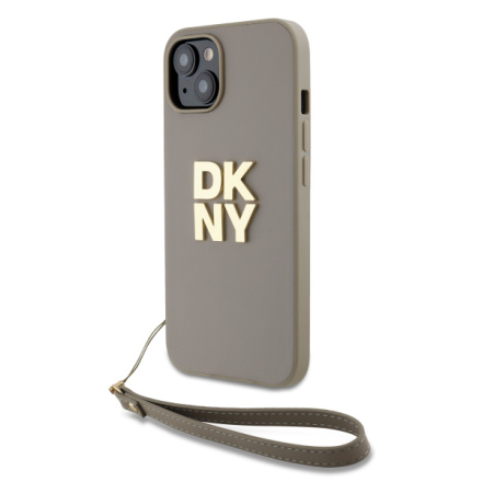 DKNY PU Leather Stack Logo Wrist Strap Zadní Kryt pro iPhone 13 Beige, DKHCP13MPBSWSE