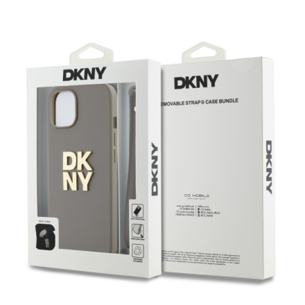 DKNY PU Leather Stack Logo Wrist Strap Zadní Kryt pro iPhone 13 Beige, DKHCP13MPBSWSE