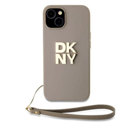 DKNY PU Leather Stack Logo Wrist Strap Zadní Kryt pro iPhone 15 Beige, DKHCP15SPBSWSE