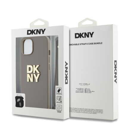 DKNY PU Leather Stack Logo Wrist Strap Zadní Kryt pro iPhone 15 Beige, DKHCP15SPBSWSE