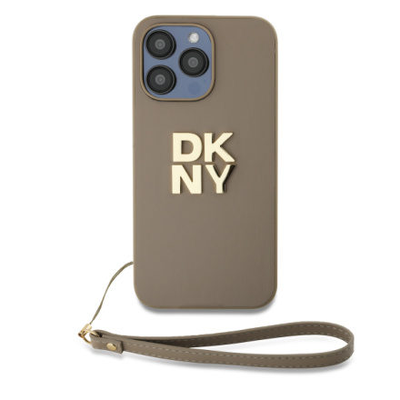 DKNY PU Leather Stack Logo Wrist Strap Zadní Kryt pro iPhone 15 Pro Beige, DKHCP15LPBSWSE