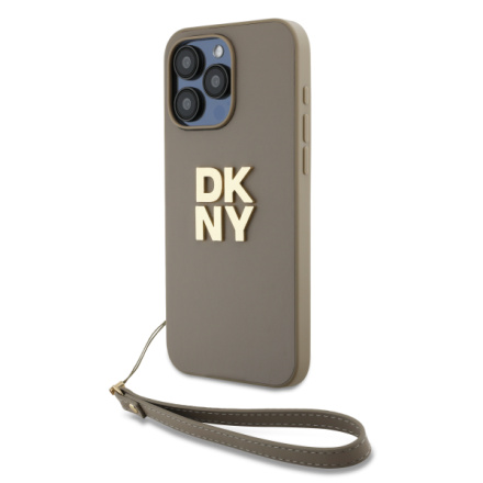 DKNY PU Leather Stack Logo Wrist Strap Zadní Kryt pro iPhone 15 Pro Beige, DKHCP15LPBSWSE