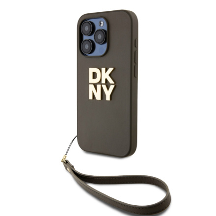 DKNY PU Leather Stack Logo Wrist Strap Zadní Kryt pro iPhone 14 Pro Max Brown, DKHCP14XPBSWSA