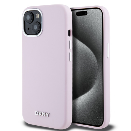 DKNY Liquid Silicone Silver Metal Logo Magsafe Zadní Kryt pro iPhone 15 Pink, DKHMP15SSMCHLP