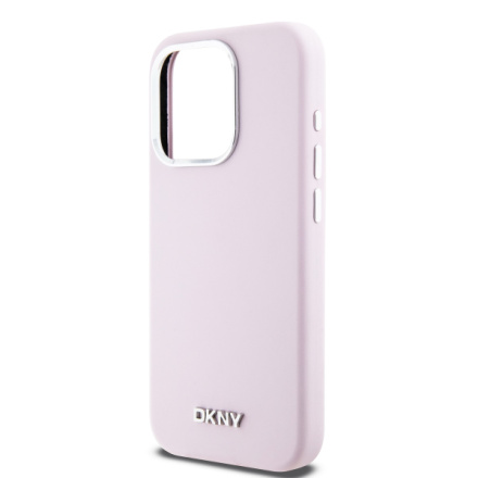 DKNY Liquid Silicone Silver Metal Logo Magsafe Zadní Kryt pro iPhone 15 Pro Pink, DKHMP15LSMCHLP