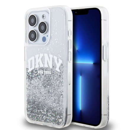 DKNY Liquid Glitter Arch Logo Zadní Kryt pro iPhone 14 Pro Transparent, DKHCP14LLBNAET