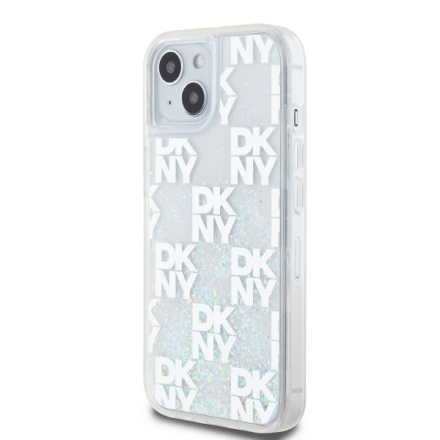 DKNY Liquid Glitter Checkered Pattern Zadní Kryt pro iPhone 15 Transparent, DKHCP15SLCPEPT