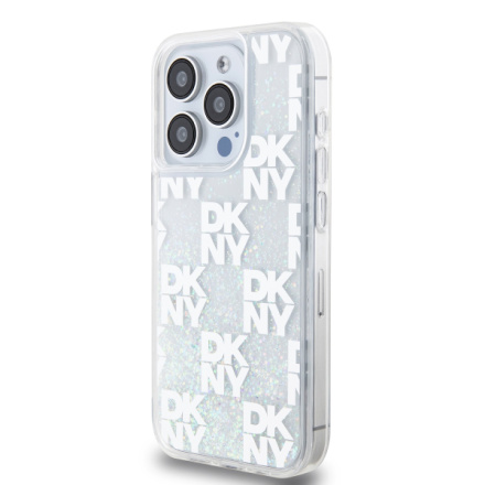 DKNY Liquid Glitter Checkered Pattern Zadní Kryt pro iPhone 15 Pro Transparent, DKHCP15LLCPEPT