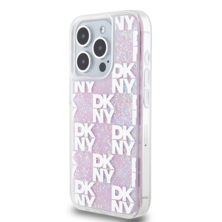 DKNY Liquid Glitter Checkered Pattern Zadní Kryt pro iPhone 15 Pro Pink, DKHCP15LLCPEPP