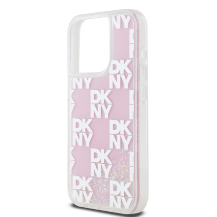 DKNY Liquid Glitter Checkered Pattern Zadní Kryt pro iPhone 15 Pro Pink, DKHCP15LLCPEPP