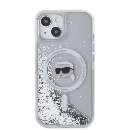 Karl Lagerfeld Liquid Glitter Karl Head Magsafe Zadní Kryt pro iPhone 15 Transparent, KLHMP15SLGKISGH