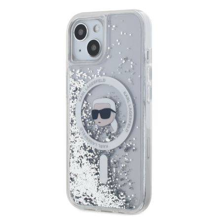 Karl Lagerfeld Liquid Glitter Karl Head Magsafe Zadní Kryt pro iPhone 15 Transparent, KLHMP15SLGKISGH