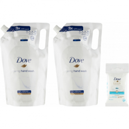 Dove Original tekuté mýdlo náplně, 2× 750 ml + Dove Care Protect vlhčené ubrousky, 10 ks