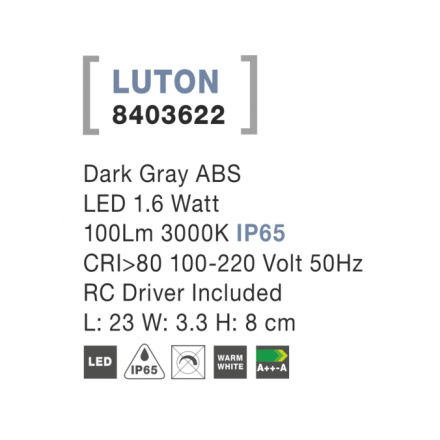 Svítidlo Nova Luce LUTON STEP GREY schodišťové, IP 65, 1,6 W, 8403622