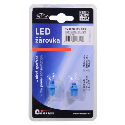 Žárovka 1LED 12V  B8,5d  modrá 2ks, B8,5d, 33759