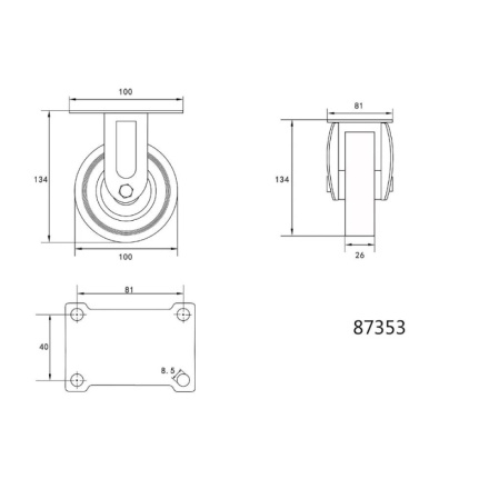 Kolečko pevné, gumové  45kg 100/26/134mm, TO-87353