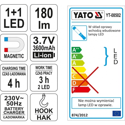 Lampa montážní 1+1 LED, bezpřívodová, 3,7V Li-ion, magnet+hák, 180lm, YT-08502