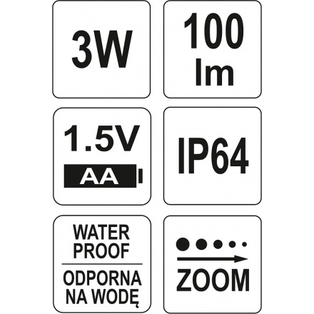 Svítilna kapesní voděodolná IP64, fce ZOOM, 110lm, 1xAA, 100x25mm, YT-08571
