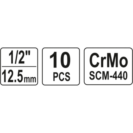 Sada nástavců 1/2" rázové šestihranné 10 ks 10-22 mm CrMo, YT-1025