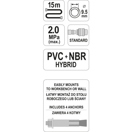 Naviják se vzduchovou hadicí PVC+NBR 9,5mm, 15m, YT-24241