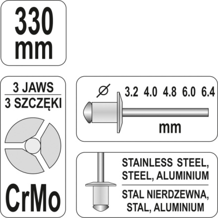 Nýtovací kleště pákové 3,2-6,4mm 330mm CrMo, YT-3609