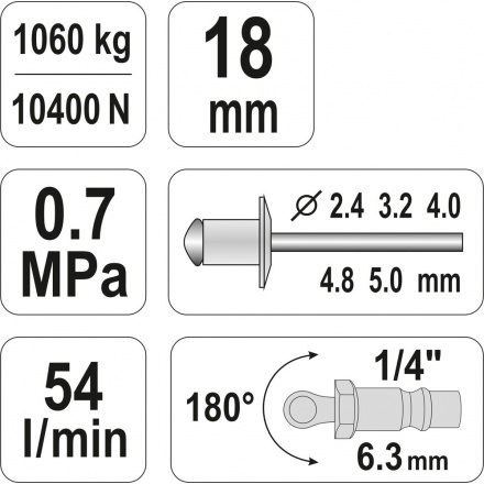 Nýtovačka pneumatická (2,4- 5,00mm), YT-36171