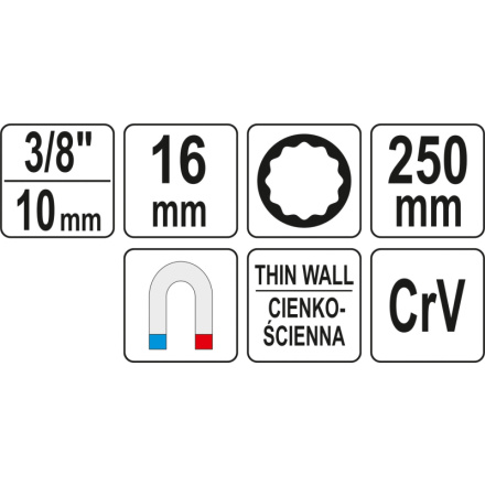 Nástavec na svíčky 16mm prodloužený 250mm, YT-38522