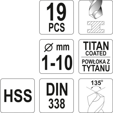 Sada vrtáků do železa HSS-TiN 19ks 1-10mm, YT-44675