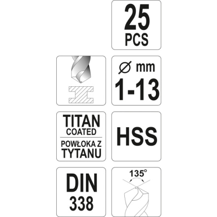 Sada vrtáků do železa HSS-TiN 25ks 1-13mm, YT-44676