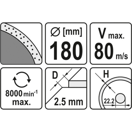 Kotouč řezný diamantový 180 x 22,2 x 2,5 mm hladký, YT-6014