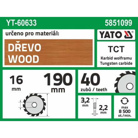 Kotouč na dřevo 190 x 16 mm 40z, YT-60633
